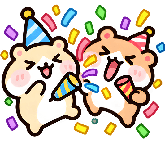 Na and Ni celebrating with party hats
